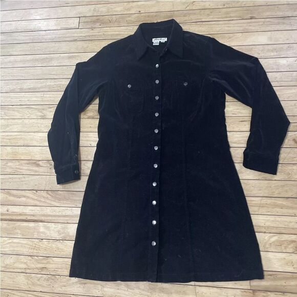 VTG EDDIE BAUER Velvet Shirt Dress Womens Snap Button Long Sleeve Collar Black L - Picture 12 of 13